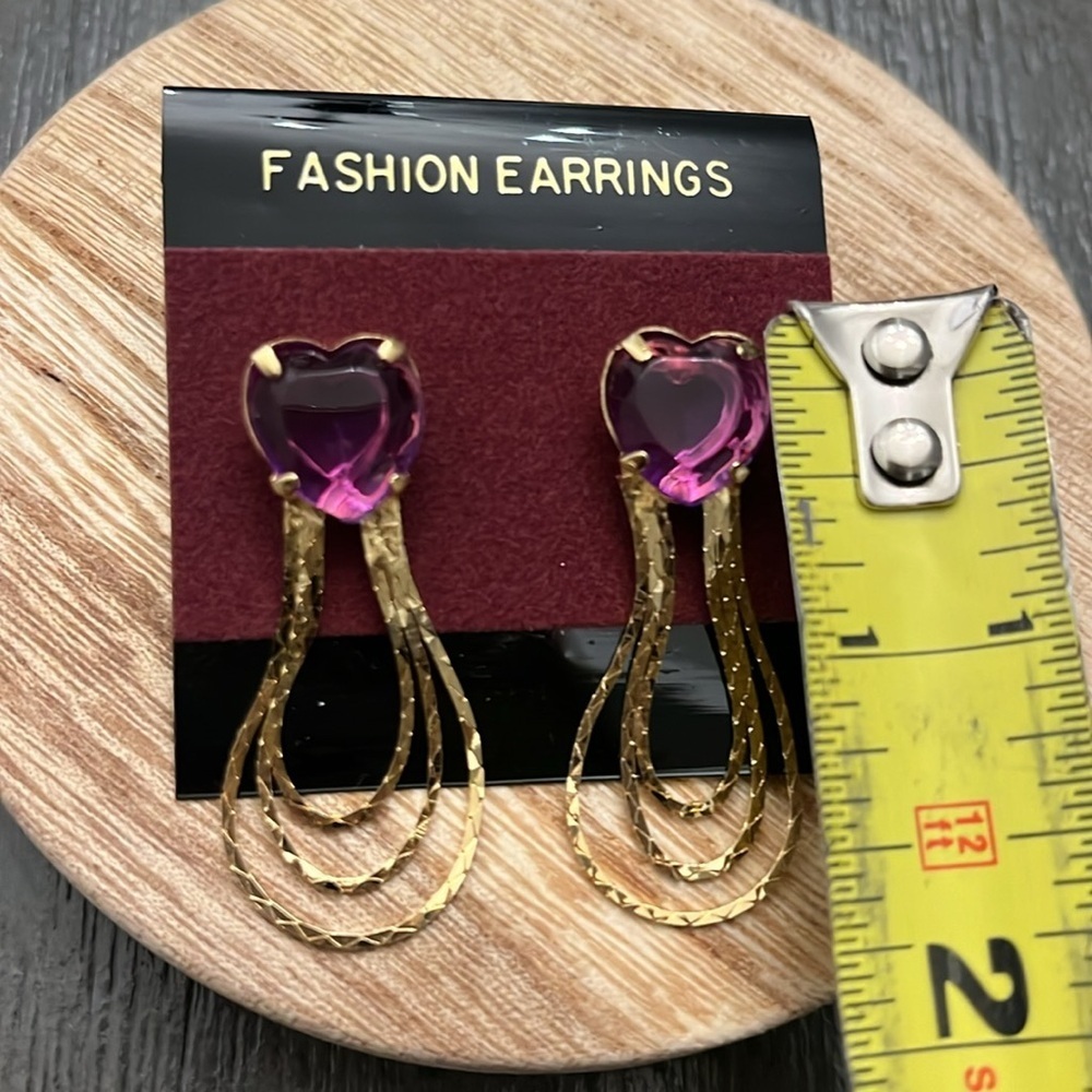 NWT Fashion Earrings Heart Romance Drop Dangle Earrings - Purple and Gold - Picture 3 of 4